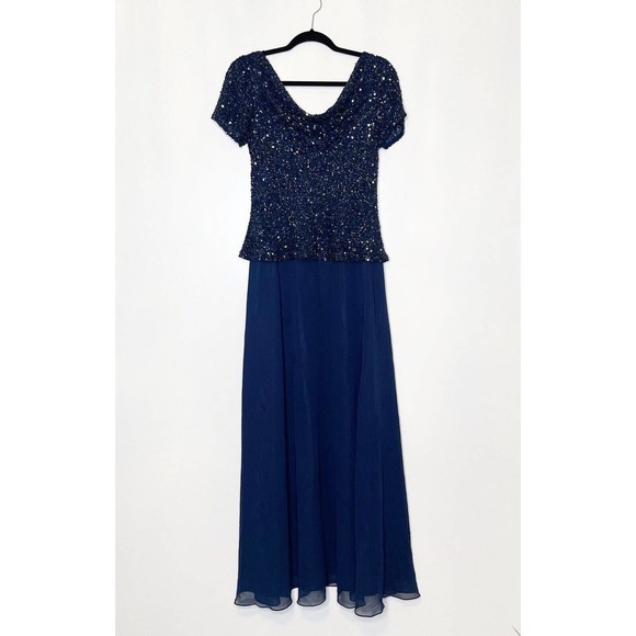 Jkara Gown Beaded Overlay Maxi Dress Sleeveless Navy Size 10 - Picture 1 of 8